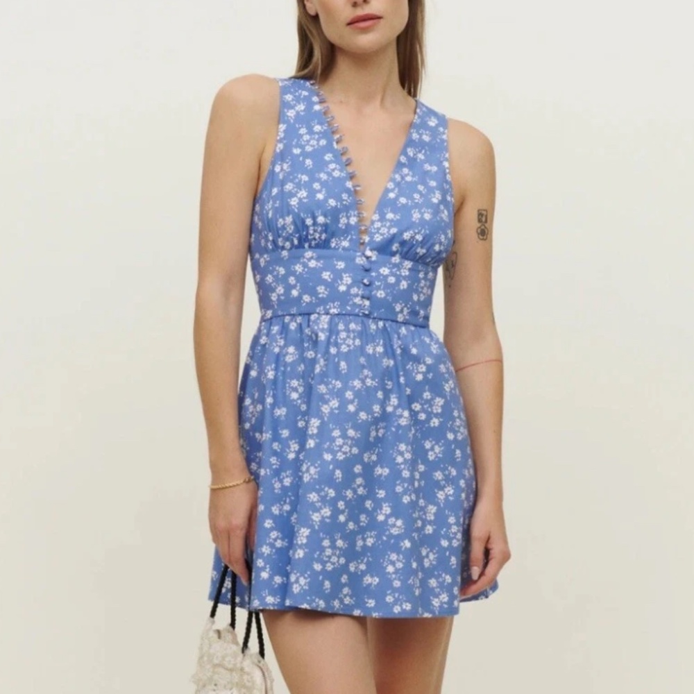 Reformation Isador Deep V Dress Lassen Blue Floral 12
